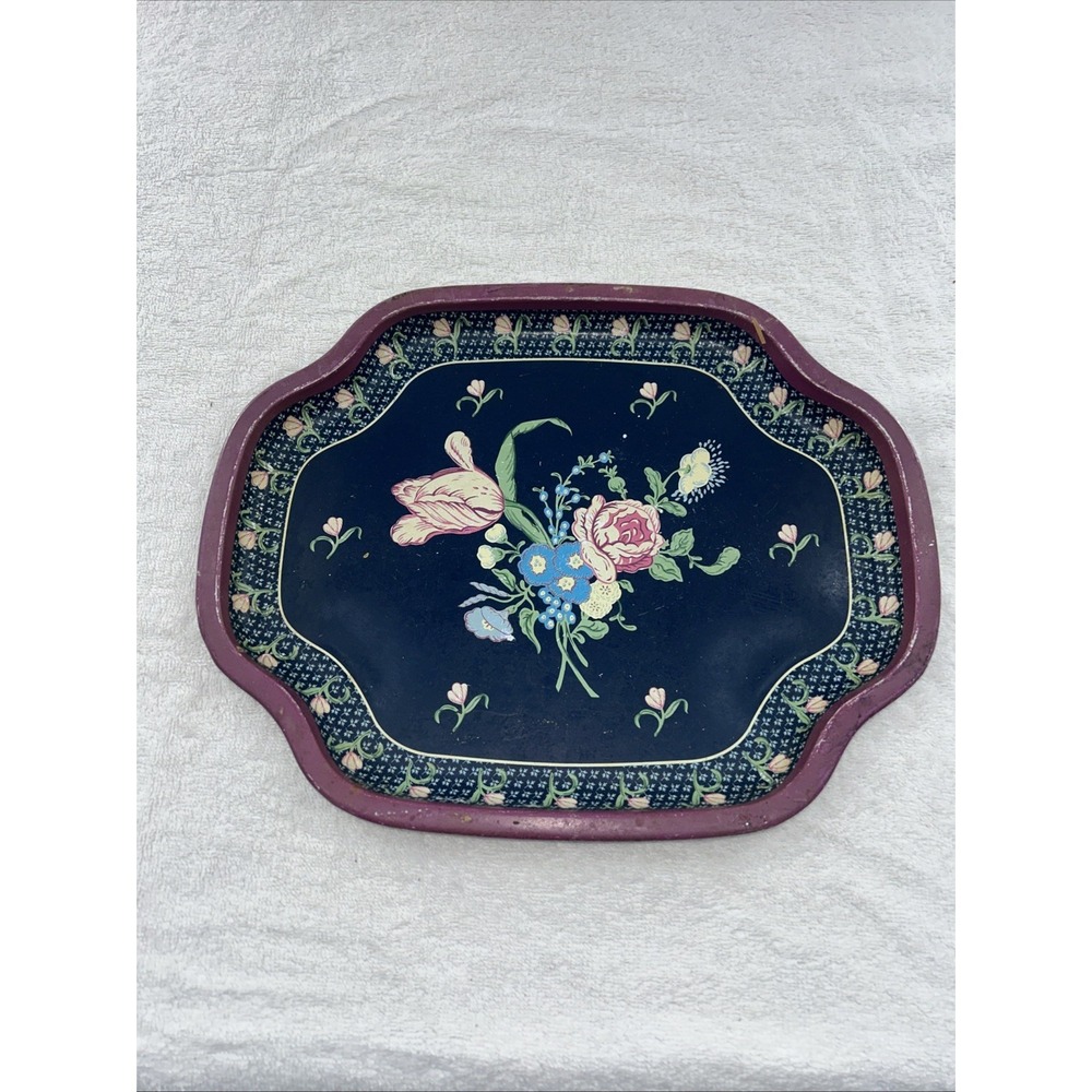 VINTAGE Floral Metal TRAY England Tin TOLE SERVING Platter Flowers ENGLAND